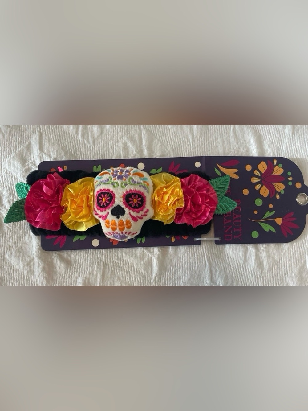 Day of the Dead Floral Skull Headband - Black with Pink & Yellow Flowers, New.